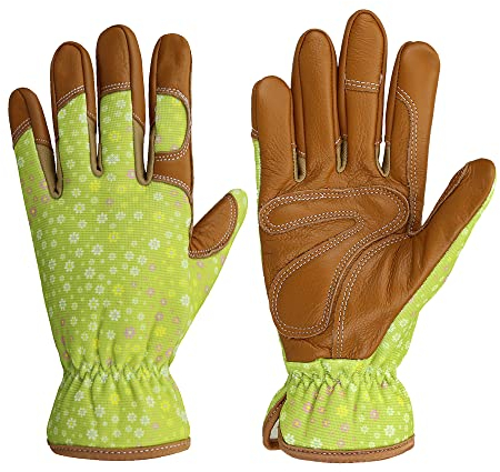 OLSON DEEPAK Gartenhandschuhe Leder Damen Dornenfest Arbeitshandschuhe rindsleder zum Jäten, Graben, Pflanzen, Harken, Beschneiden (Green)