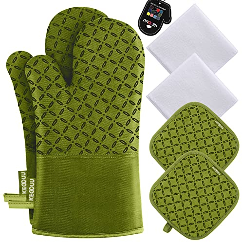 KEGOUU Ofenhandschuhe und Topflappen, 6-teiliges Set, Küchen-Ofenhandschuhe, 500 Grad, extra lange Ofenhandschuhe und Topflappen mit rutschfester Silikonoberfläche zum Kochen (Olivgrün)
