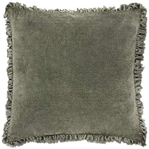 Yard Bertie Washed Cotton Velvet Feather Filled Cushion (Moss, 45 x 45 cm) | Soft Velvet Relaxed Style Decorative Pillow