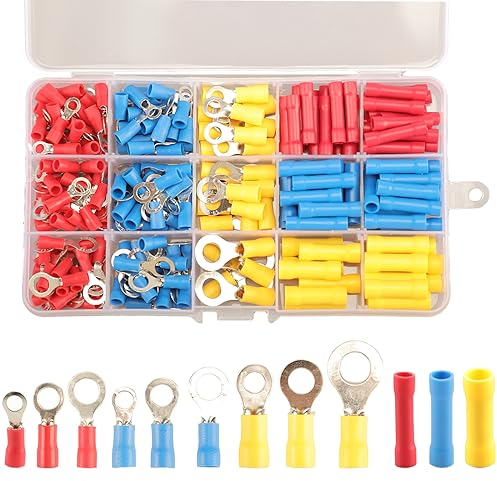 258pcs Capicorda Elettrici ad anello Connettori di testa, 12 Tipi Connettori a Crimpare Terminali Elettrici Isolati Connettori per Cavi Elettrici, Terminali Assortimento di Terminali ad Anello
