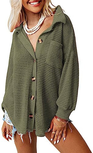 Dokotoo Bluse Damen Langarm Lässig Oberteile Hemd Langarmshirt Waffel Knopfleiste Oberteil Blusen Einfarbig Shirts Stehkragen Elegant Hemdjacke Locker Hemdbluse Grün S