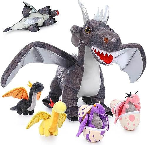 MorisMos 55cm Stehend Drache Kuscheltier mit Baby im Bauch, Grau Groß Plüschdrache Kuscheltiere XXL, Flauschiger Stofftier Plüschtier Dragor Dragon Teddys zum Spielen für Kinder
