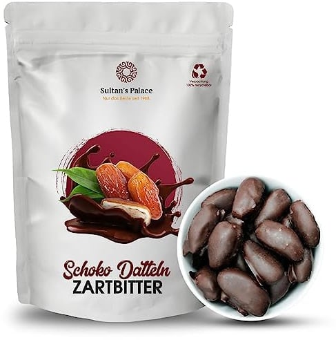 Sultan’s Palace Datteln in Zartbitter Schokolade – 1000 g – Feinherbe Bitterschokolade – Versand mit Kühlpads - Schokoladenfrüchte – Geschenkidee
