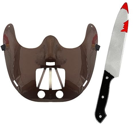 Adults Cannibal Doctor Accessory Set - Brown Restraint Mask and Plastic Knife - Perfect Accessory Set for Halloween Fancy Dress