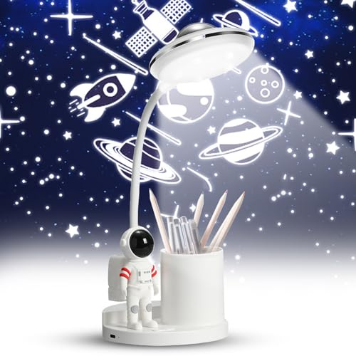 Schreibtischlampe Kinder, LED Leselampe, Nachttischlampe mit Stifthalter & Projektion, Schreibtischlampe Led Augenschutz, Wiederaufladbare Dimmbare Led Schreibtischlampes für Studie Lesen