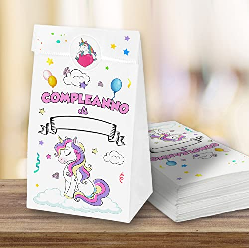 25 Sacchetti di carta Regalo compleanno fine festa bambini + 25 adesivi chiudibusta, Sacchetti di Carta per alimenti - Sacchettini Compleanno per confezione Regalini fine festa Unicorno