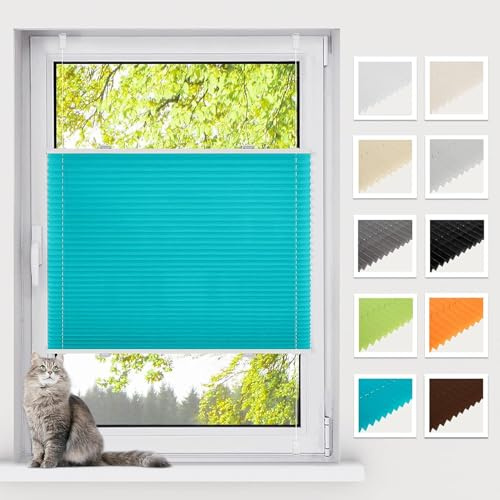 BelleMax Plissee ohne Bohren Klemmfix, Türkis 75x110cm(BxH), Easyfix lichtdurchlässig Sichtschutz und Sonnenschutz, Jalousie Plisseerollo mit Klemmträger, Faltrollo für Fenster & Tür
