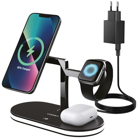 VOOMY Cargador Inalámbrico 3 en 1-15W Estación de Carga para iPhone 15/14/13/12/11, Apple Watch, AirPods Pro/2/1, con Lámpara Regulable.LED, USB-A, y Carga Rápida, Certificación CE-ROHS