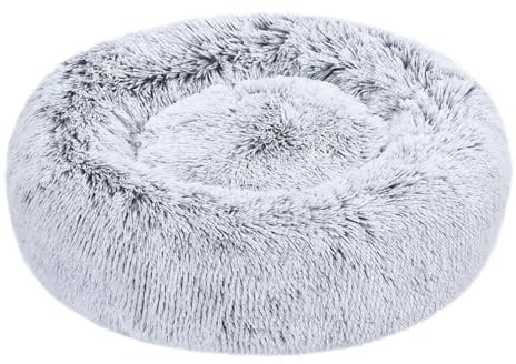 Amazon Basics Weich Haustierbett für Hund, Donut-Kissen, Kunstfell, Maschinenwaschbar, 59 cm, Grau
