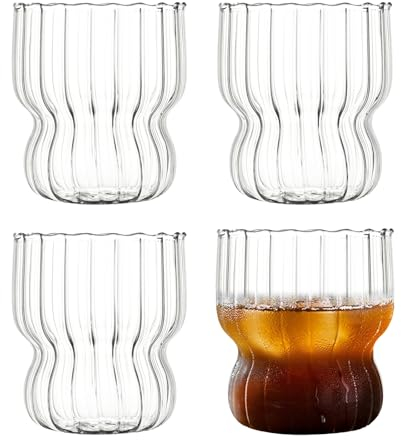 SAVOSWEET Juego de 4 Vasos de Vidrio para Cafe, Vasos de Cristal Rayas, Taza de Cristal para Cafe 300ml, Tazas de Vidrio para Té, Café, Agua, Leche, Helado, Vasos de Postre