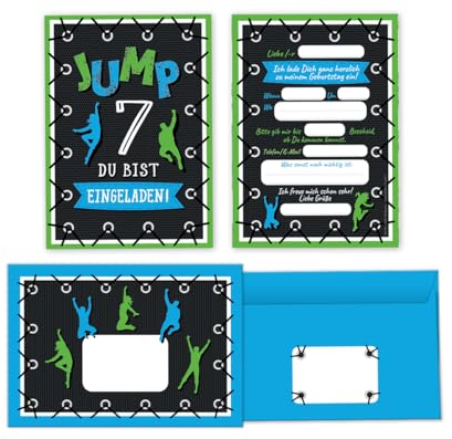 Minkocards 8 Einladungskarten zum 7. Kindergeburtstag Junge Mädchen Jump Trampolin Einladungen siebte Geburtstag incl. 8 Umschläge