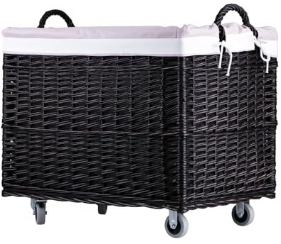 e-wicker24 Alles aus Weide Aufbewahrungstruhe, Wäschekorb, rechteckig, Weidenkorb mit Rollen und Stofffutter, Aufbewahrungsbox, Weidenkorb, Box