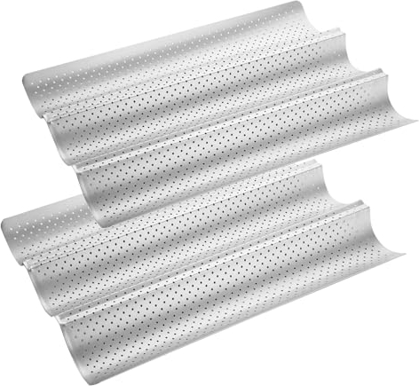 GBACHOOSE 2 Pcs Non-Stick Baguette Baking Tray, 38x24.5cm French Bread Baking Trays, French Baguette Tray for 3 Baguettes (Silver)