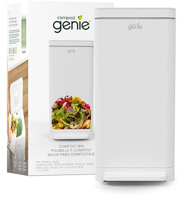 Compost Genie Komposteimer für die Küche, weißer Edelstahl, groß, 10 l, geruchlose Kompostierung, freihändig, waschbare Teile, inklusive 8 abreißbaren kompostierbaren Beuteln und 4 Kohlefiltern
