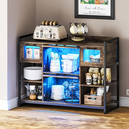 Lvifur Led Aparador De Cocina con Enchufe Iluminación por Sensor, Aparador Salon Iluminación Ajustable Cajón Sala De Estar, Cocina Móvil con Sensor Inteligente Armario Almacenaje 100×32×80cm