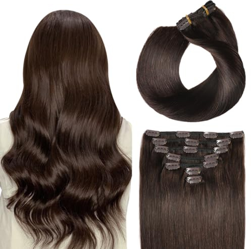 SUYYA Clip In Extensions Echthaar 16 Zoll 40cm #2 Dunkel Braun | Remy Echthaar, glattes Haar, Clip-In, 7 Stück 70 g, natürlicher Look, mehr Volumen & Länge, wiederverwendbar
