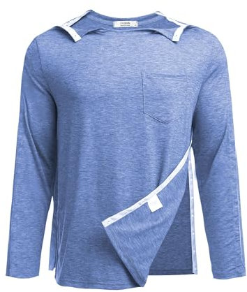 PINSPARK Sport Tshirts Herren Funktionsshirt Post OP Shirt Schulter Chirurgie Shirts Links und Rechts Seite Snap Access Atmungsaktive Erholung T Shirt Chemo Blau L