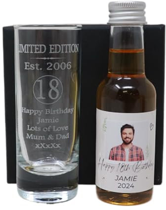 Laser Engraved Est 2006 18th Birthday Shot Glass Set with Personalised Photo Miniature Alcohol Bottle Gift for Son or Daughter | Girls & Boys (Spiced Rum/No Gift Box) 35% vol