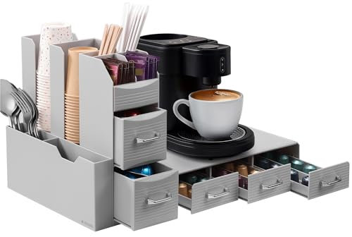 Navaris Coffee Station Organizer - Space-Saving Design for Tea and Coffee Bar Accessories - Sachet Holder & Condiment Organiser Suitable for Home, Office, Gym, or Hotel - Grey