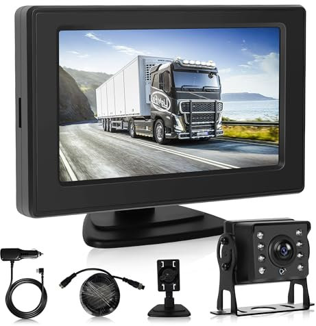 Rückfahrkamera Set mit 4.3 IPS Zoll Monitor, Fahrzeug Backup Kamera IP68 Wasserdicht, Nachtsicht, Image Flip, Kabel Einparkhilfe für LKW/Anhänger/Bus/Van/Landwirtschaft/Wohnmobile/Wohnwagen 9-36 Volt