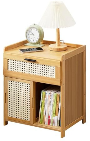 Wintfarm Table de chevet en rotin - Avec étagère ouverte, tiroir et porte - Style maison de campagne bohème - Idéale pour chambre à coucher et salon