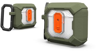 URBAN ARMOR GEAR Plasma Case für die Apple AirPods 4 Hülle [2024] (Magnetisch, Wireless-Charging kompatibel / Status LED sichtbar, Abnehmbarer Karabinerhaken) olive / transparent