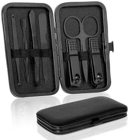 Maniküre Set,7 Stück Professionelle Edelstahl Nagelknipser Werkzeuge Pflege Nagelset mit Ledertasche Nagelset für Dicke Fingernägel Zehennägel Nagelpflege Reise Grooming Kit (Schwarz)