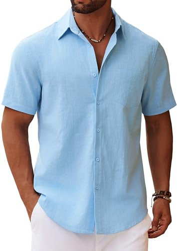 COOFANDY Mens Short Sleeve Shirts Summer Lightweight Linen Shirts Casual Cotton Shirt Regular Fit Solid Shirt with Pocket Sky Blue XXL