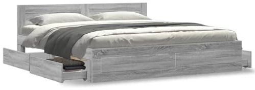 Buzaza Giroletto Testiera Grigio Sonoma 200x200 cm Legno Multistrato-Letto - Struttura Letto- Struttura Letto a Piattaforma in bambù sostenibile con testiera