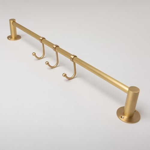 Solid Brass Kitchen Hook Rail | Utensil Hanging Rail | Wardrobe Clothing Rail | Heavy Duty Rail with 3 Hooks | Bathroom Towel Rail (Satin Brass)