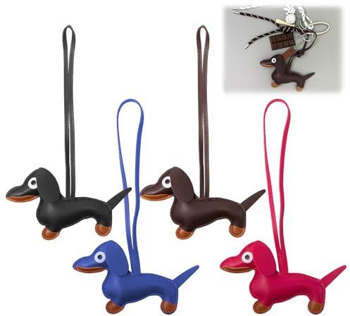 Bofanze 4 Stück Schlüsselanhänger Dackel, Süße Welpe Hundetasche Anhänger, Mehrfarbiger Taschenanhänger Leder Dackel, Dackel Bag Charms für Damen Männer