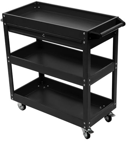 3-Stufiger Werkstatt-Rollwagen aus Kaltgewalztem Stahl, Werkzeugwagen Transportwagen mit 4 Rollen bis 150kg Belastbar, Werkstattwagen Montagewagen mit Schiebeschublade (mit Schlüsselschloss) (Schwarz)