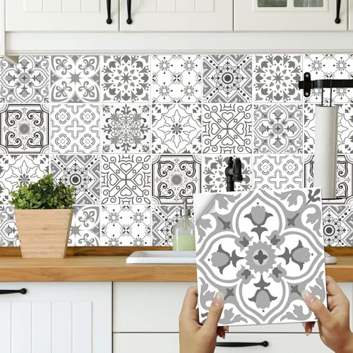 24pcs Moroccan Tile Stickers 15x15cm Bathroom Tile Stickers for Kitchen Transfers Cover Stick On Tiles Peel and Stick Wall Decals Waterproof 6x6, Grey