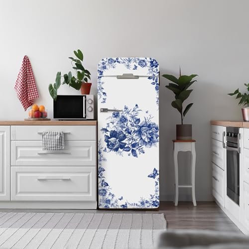 Alwayspon Vinilo autoadhesivo para nevera, 56 x 163 cm, diseño floral blanco y azul, para despegar y pegar, calcomanías para nevera, calcomanías extraíbles para decoración del hogar y la cocina