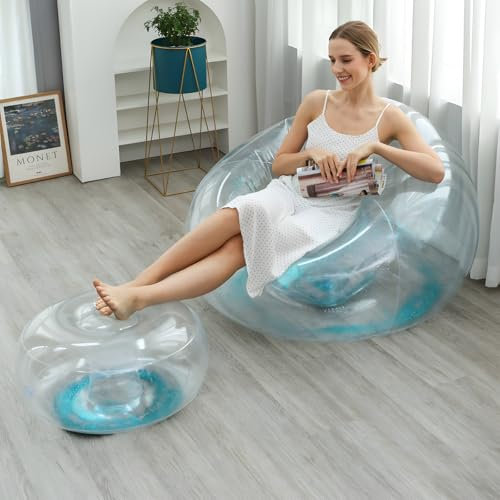 Vexorium Aufblasbares Sofa mit Fußstütze, transparenter Glitzer, moderner aufblasbarer Sofasessel, zusammenklappbar, tragbar, aufblasbare Couch, Liege, Sitz für Zuhause, Camping, Outdoor, Blau