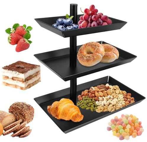 3 Tier Snack Tray, 360° Rotating Food Display Rack Party Wedding Cake Stand Afternoon Tea Stand, Stainless Steel Serving Trays for Sweets Cupcakes Biscuits Fruits Nuts, Removable for Easy Storage