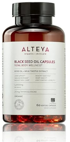 Alteya Bio Schwarzkümmelöl-Kapseln mit Rosenöl + Mariendistel-Extrakt (60 Weichkapseln) - EU-Bio-Zertifiziert - Ganzkörper-Wellness