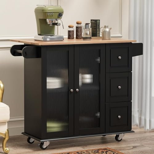 Rolling Mobile - Isla de cocina con parte superior de madera, barra de desayuno y barra de toalla de 45 pulgadas de ancho