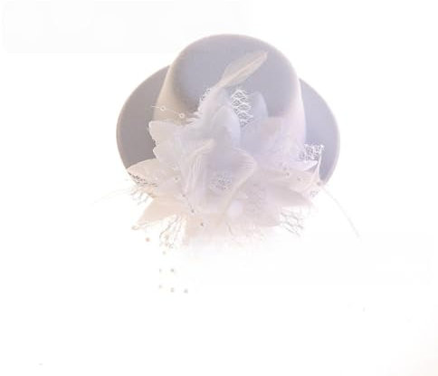 Wambere 4 Stück Mini-Hut mit Clip,Kleiner Hut Haarnadeln mit Federn Blumen,Fascinator Hüte Clip Haarspange Haar Haarpin Minizylinder für Mädchen Mottoparty Karneval Halloween Accessoire,Weiß