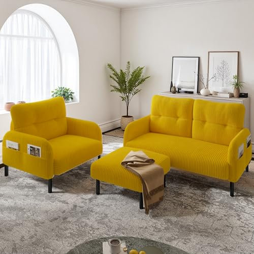 Seyakany Ensemble de canapés 3 Places Modernes,1 fauteuils, d'un Repose-Pieds et d'un canapé 2 Places avec Poche latérale,Ensemble de canapé d'angle,Velours côtelé (Jaune)