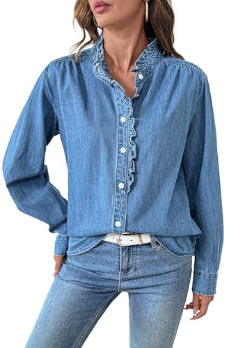 Sidefeel Womens Denim Blouses Button Down V Neck Ruffled Casual Long Sleeve Chambray Jean Western Shirt Light Blue X-Large