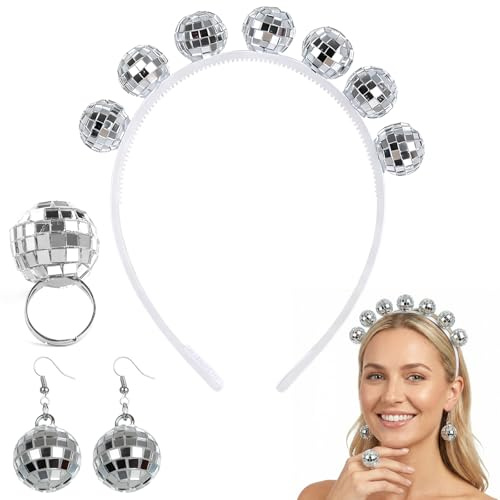 Discokugel Haarreif mit Discokugel Ohrringe Discokugel Ring Discokugel Kopfschmuck für Damen Disco Kostüm Accessoires Damen für 70er 80er Jahre Party Karneval Maskerade Cosplay Party Mottoparty Kostüm