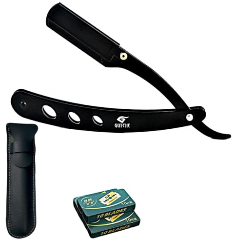 Rasiermesser, Bart Messer Herren Set, Bartmesser Edelstahl, 20 Halbe Klingen Etui Leder Reise, für Bart Und Konturen, Professioneller Friseur Straight Razor aus Metall,Schwarz