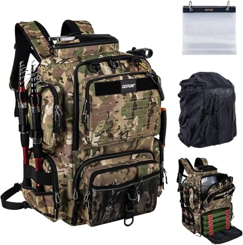 Goture Angelrucksack 45L, Wasserdichter Fischerrucksack mit 2 Rutenhaltern | 600D robust, mit Regenschutz & Softbait-Tasche, ideal für Köderboxen, Angelzubehör & Outdoor Camping, Camouflage-Design