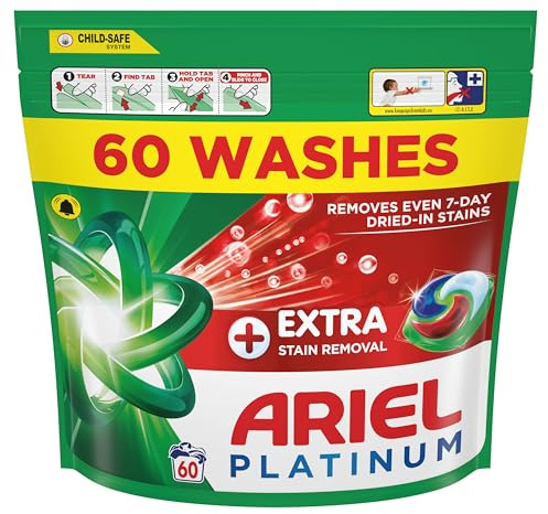Ariel Platinum PODS®, Washing Liquid Laundry Detergent Capsules 60 Washes, +Extra Stain Removal, Remove Even 7-Day Dried-in Stains