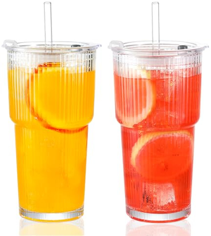 MRZIKPO 2 Stück 600 ml Gerippte Glasbecher mit Deckel und Strohhalm | dickwandige und robuste Smoothie Becher aus hochwertigem Glas, luftdichtes und wasserdichtes Design, ideal als Kaffee