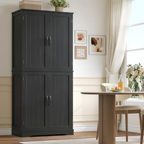 HOCSOK Küchenschrank, 180cm Hochschrank Küchenbuffet, Buffetschrank Schwarz | Buffetschrank mit 4 Türen, Esszimmerschrank für Wohnzimmer, Küche, 180×80×40 cm, MDF-Platte