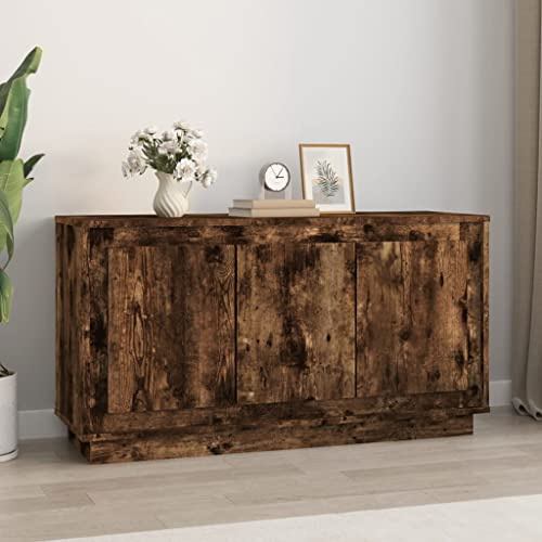 Foknhdi Aparador de madera de roble ahumado, 102 x 35 x 55 cm, diseño moderno con 6 compartimentos, robusto mueble bajo para TV, salón, cocina o pasillo