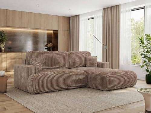 MKS MEBLE Ecksofa Wohnlandschaft L-Form mit Schlaffunktion und Bettwäscheschrank, Schlafsofa mit Bettkasten, modernes Sofa OVO L - Rechts - Braun Cord