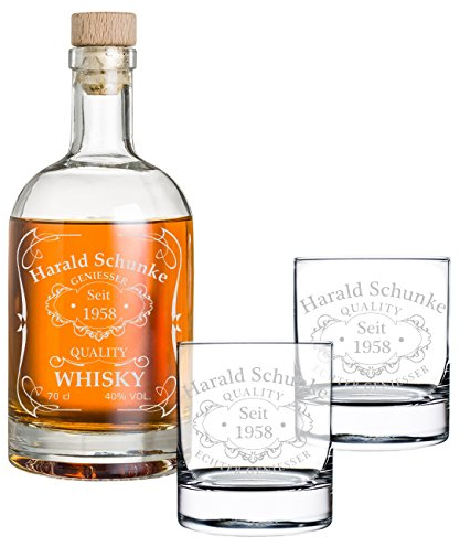 polar-effekt 3-TLG Geschenk-Set Personalisiert mit Gravur - Whiskyflasche und 2 Whiskygläser - Glas-Karaffe Inhalt: 700ml - Geschenkidee für Männer - Motiv Quality Whisky